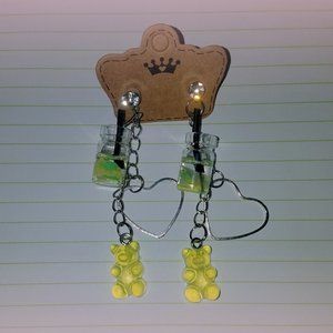 Fruit Soda Decor Resin Charm, Silver Heart Charm, Green Gummy Bear Y2K Earrings